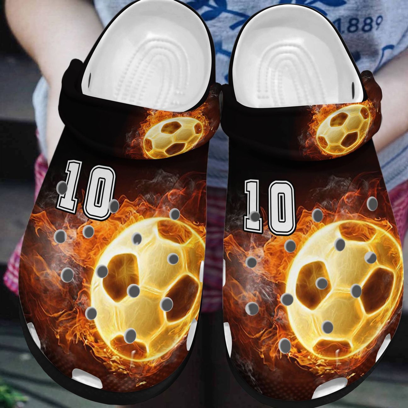 Soccer Personalized Clog, Custom Name, Text, Color, Number Fashion Style For Women, Men, Kid, Print 3D Soccerball On Fire