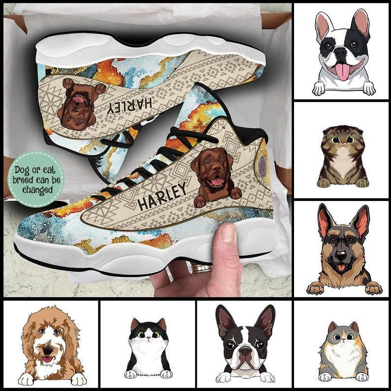 Native Pattern Dog And Cat Customized White Aj 13 Shoes, Custom Dog Shoes, Personalized Pet Jd Shoes, Puppy Pet Lover Gift