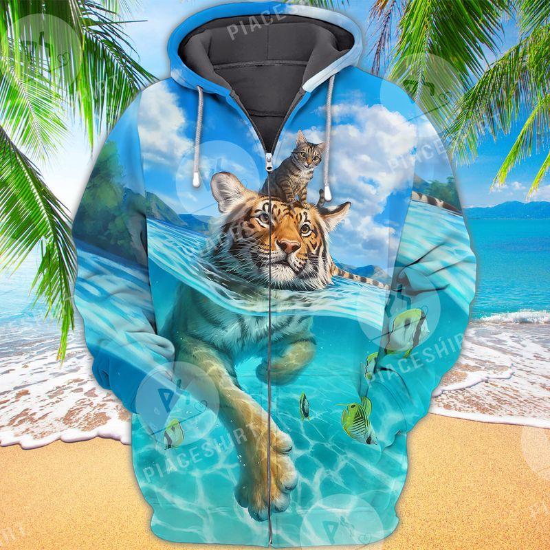 Cat And Bengal Tiger Swimming 3D Full Print 3D All Over Printed Unisex Hoodie Zip Hoodie T-Shirt Plus Size S-5Xl