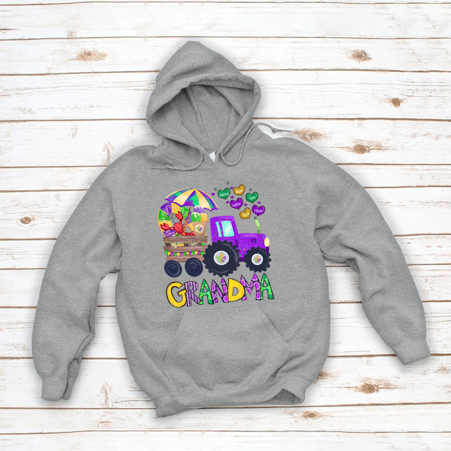 Personalized Grandma And Grandkids Hearts Color Tractor Gift Mardi Gras Hoodie