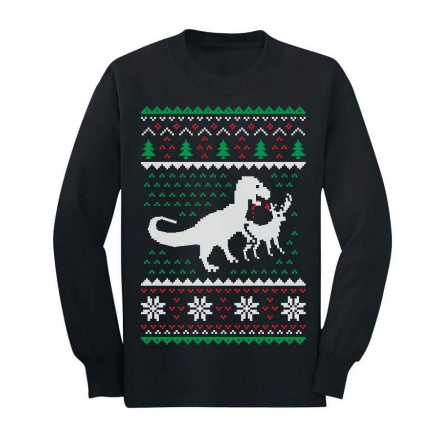 Ugly Christmas Sweater T-Rex VS Reindeer Funny Gift Youth Kids Long Sleeve T-Shirt