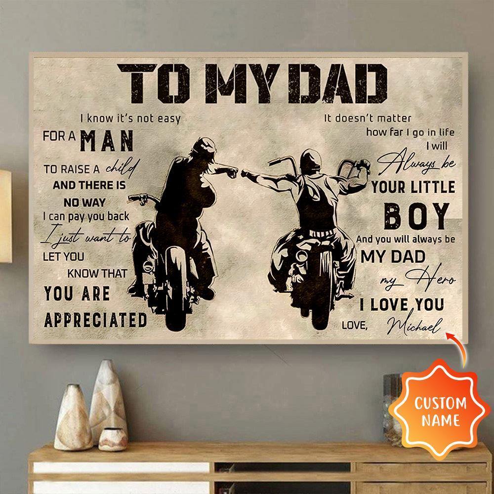 [Personalized Name] To My Dad Biker – Gift For Family, Gift Biker Dad, Gift For Home Decor – Horizontal Canvas Matte Canvas Wall Art