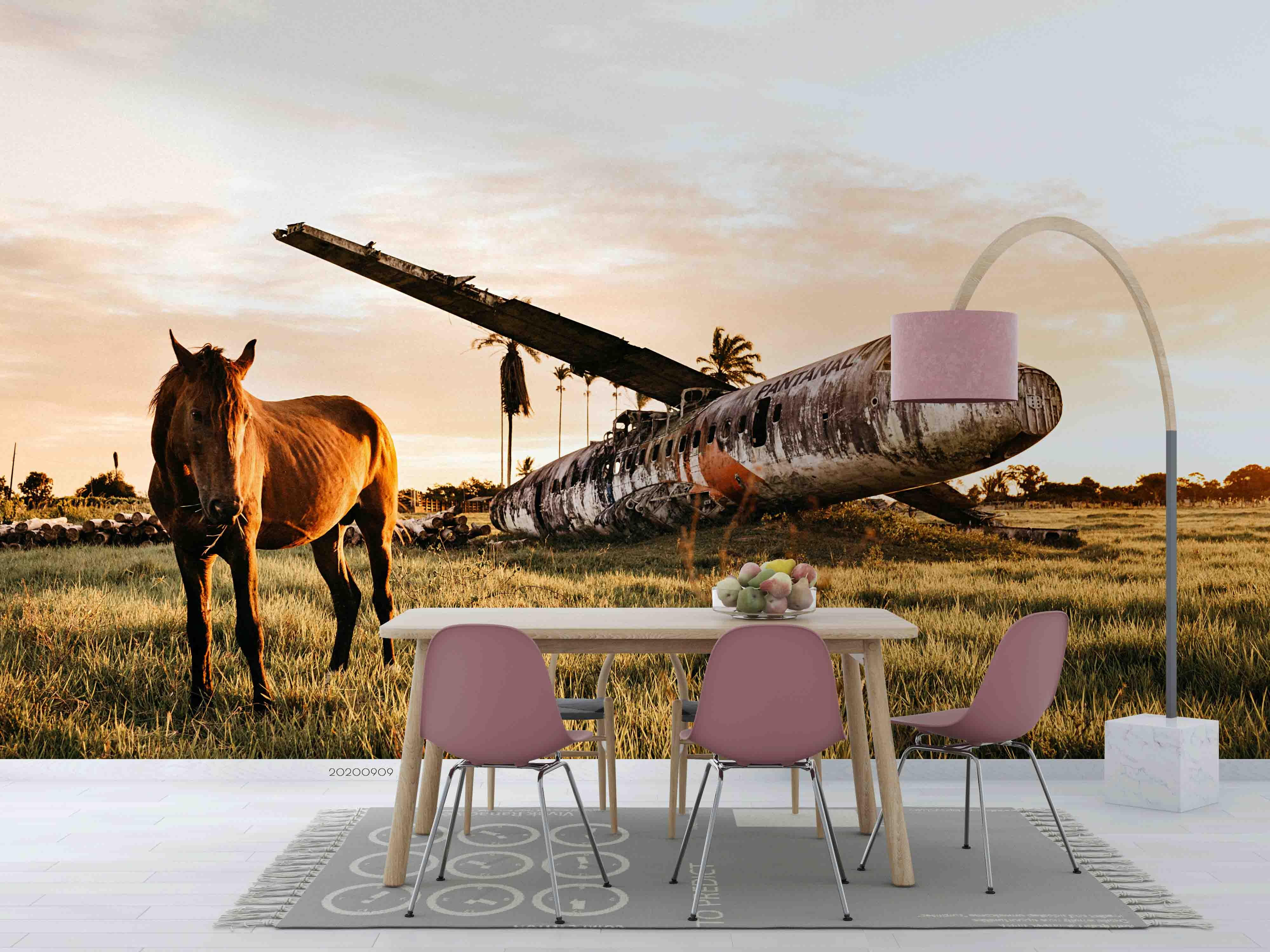 3D Sky Rust Airplane Grassland Horse Animal Wall Mural Wallpaper Lxl