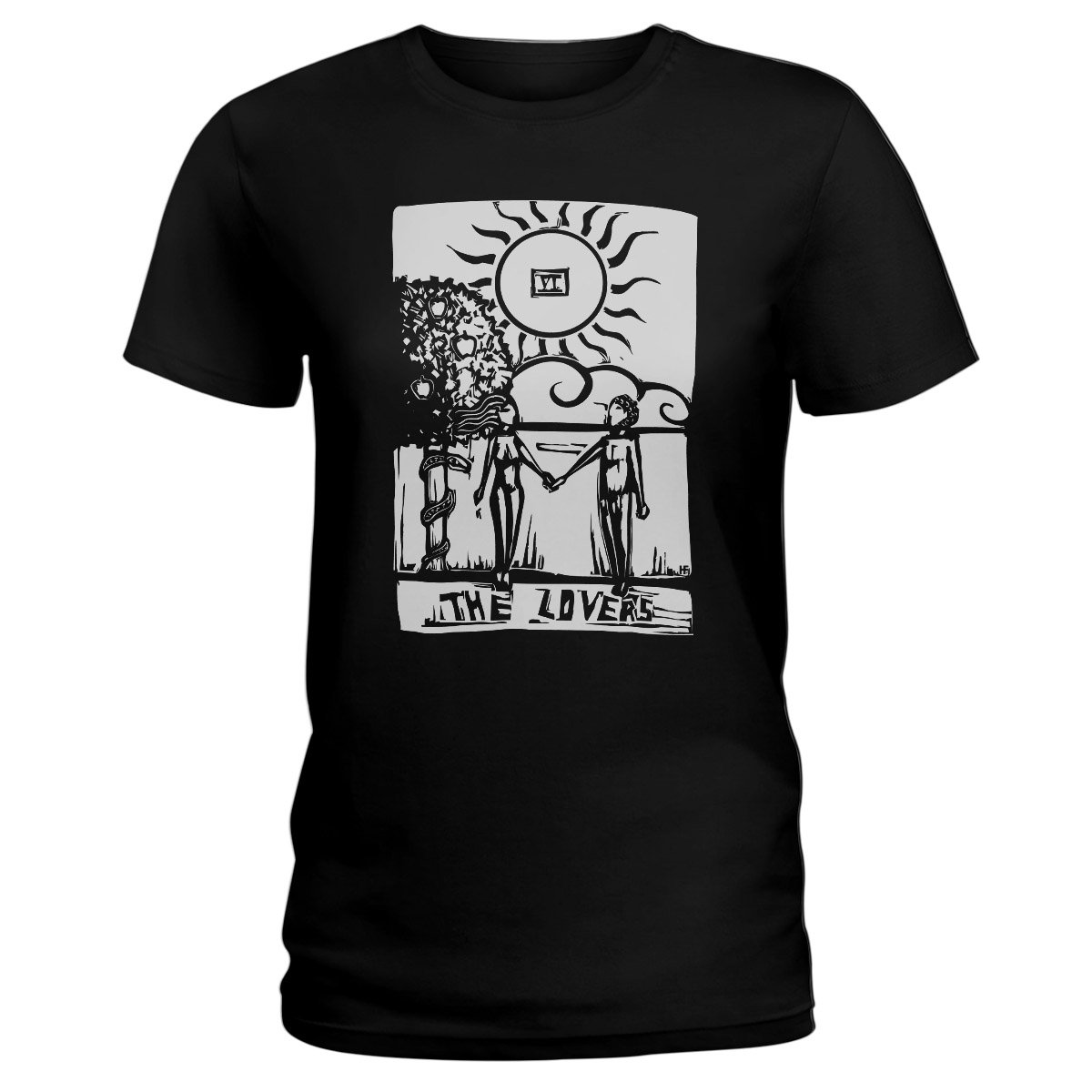 Witch Wicca Woodcut Style Tarot Card The Lovers Ez20 2409 Ladies T-Shirt