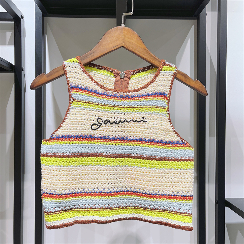 Women’s Embroidered Knit Tank Top Colorblock Striped Sleeveless 2022 New Ladies Back Zipper O-Neck Slim Knitted Sweater Vest alx