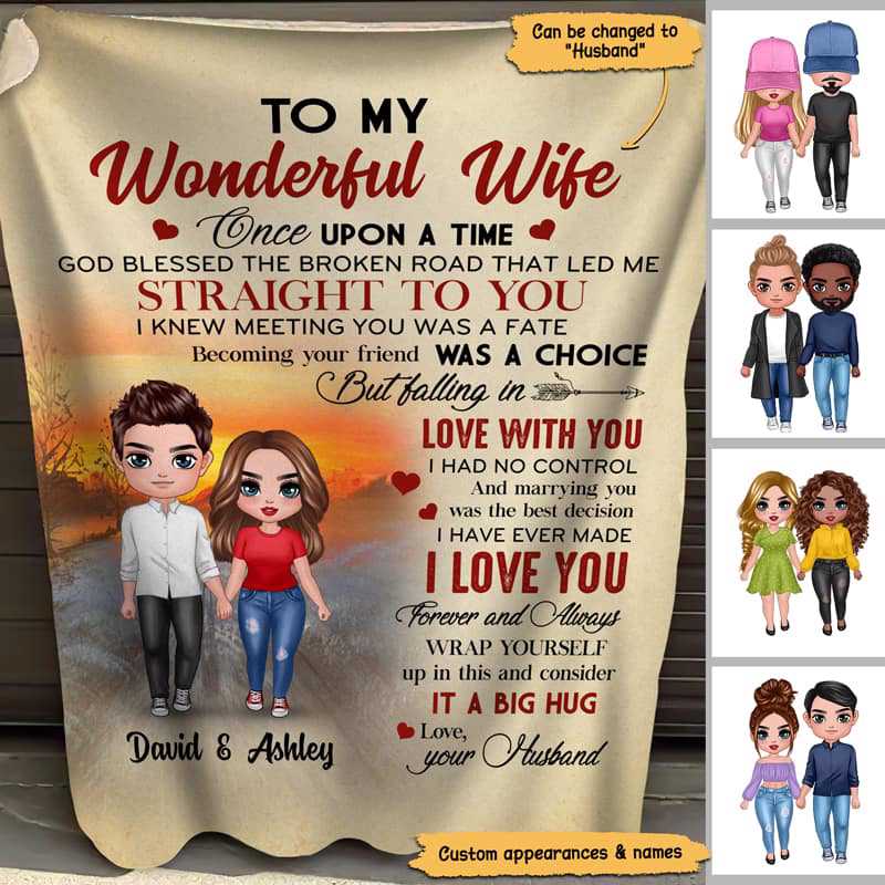 My Wonderful Wife Doll Couple Standing Valentine‘S Day Gift Personalized Blanket