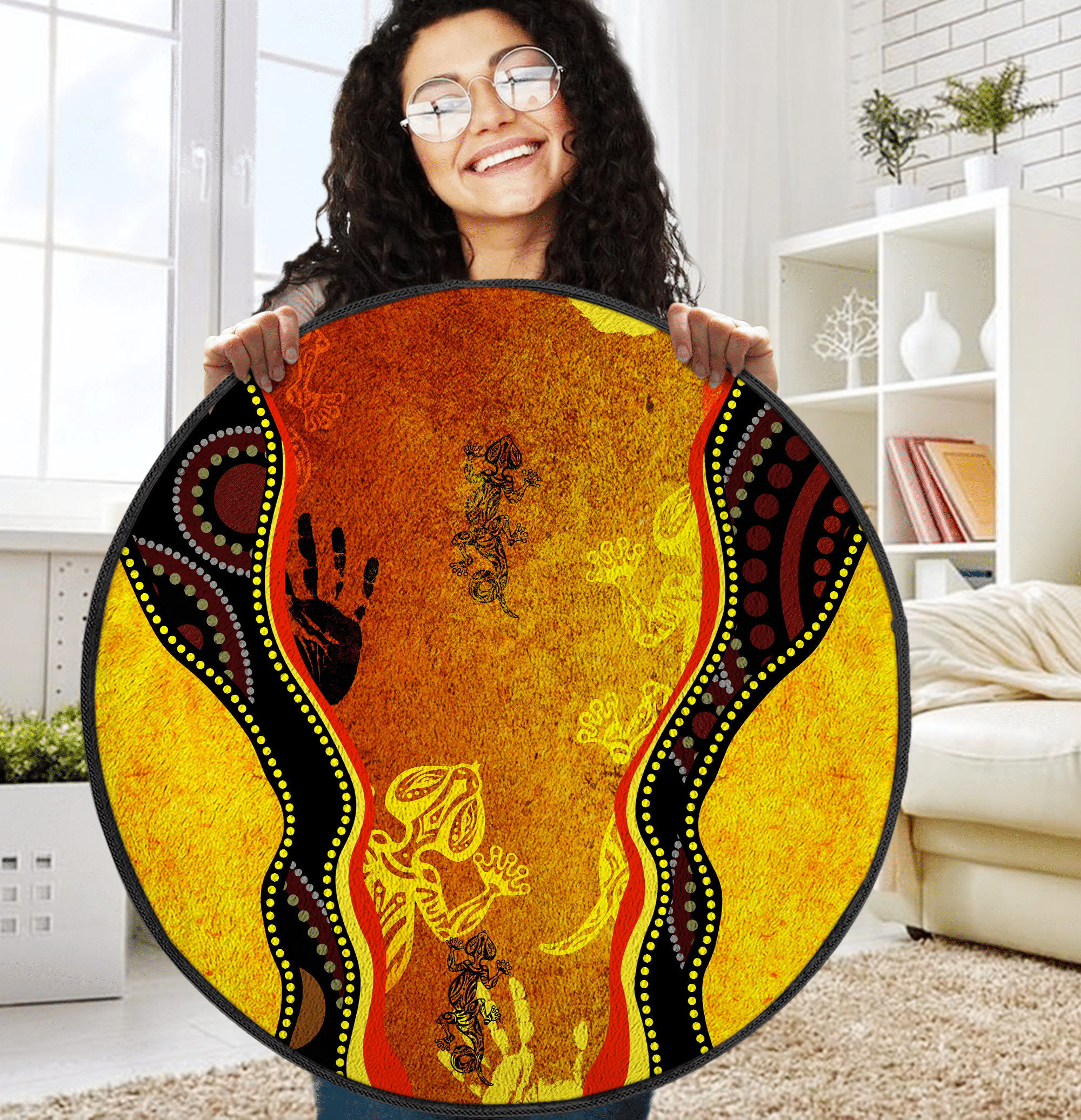 Aboriginal Rock Painting Hand Lizard Golden Style Circle Rug Living Room Home Decor Living Room Home Decor