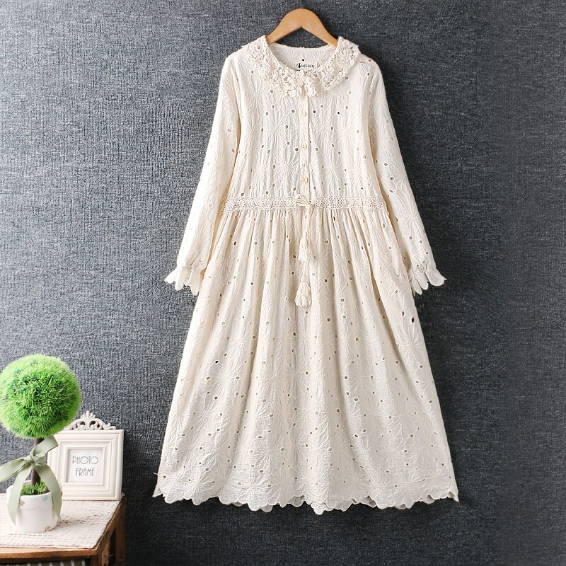 2022 New Spring Women Literary Cotton linen Dress Turndown Collar Hollow out Embroidery Loose Casual Long Sleeve Dress Women alx