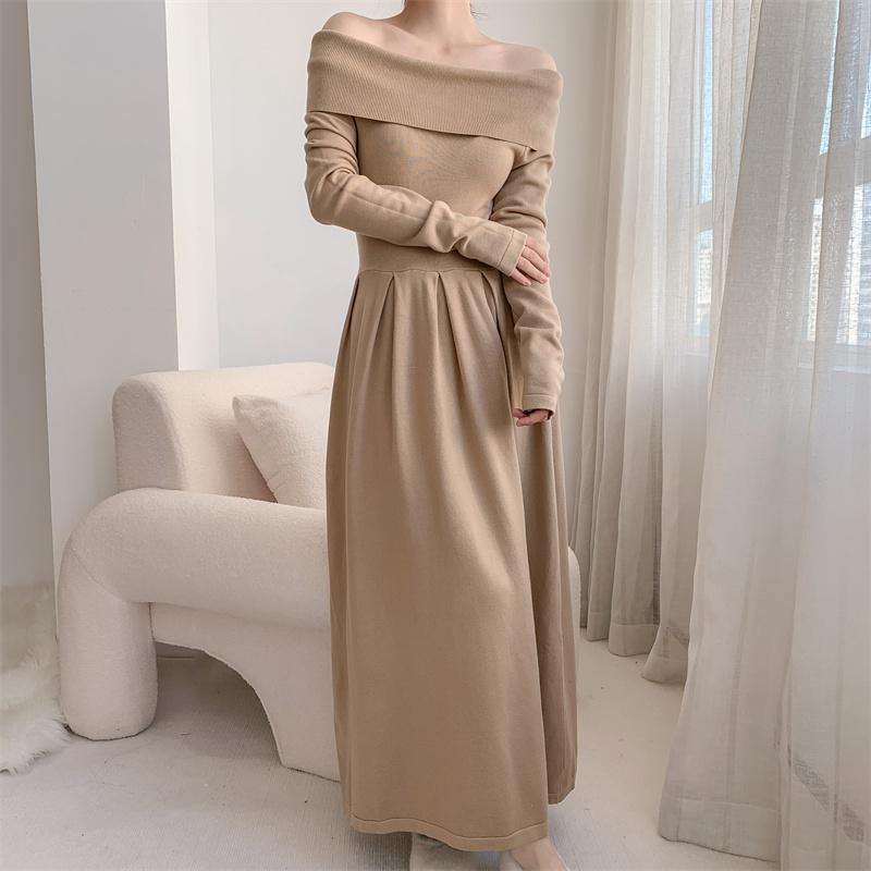 Autumn Winter Knit Long Dress Women Elegant Evening Party Dresses Sexy Slash Neck Robe Sweater Dresses Office Lady Vintage alx