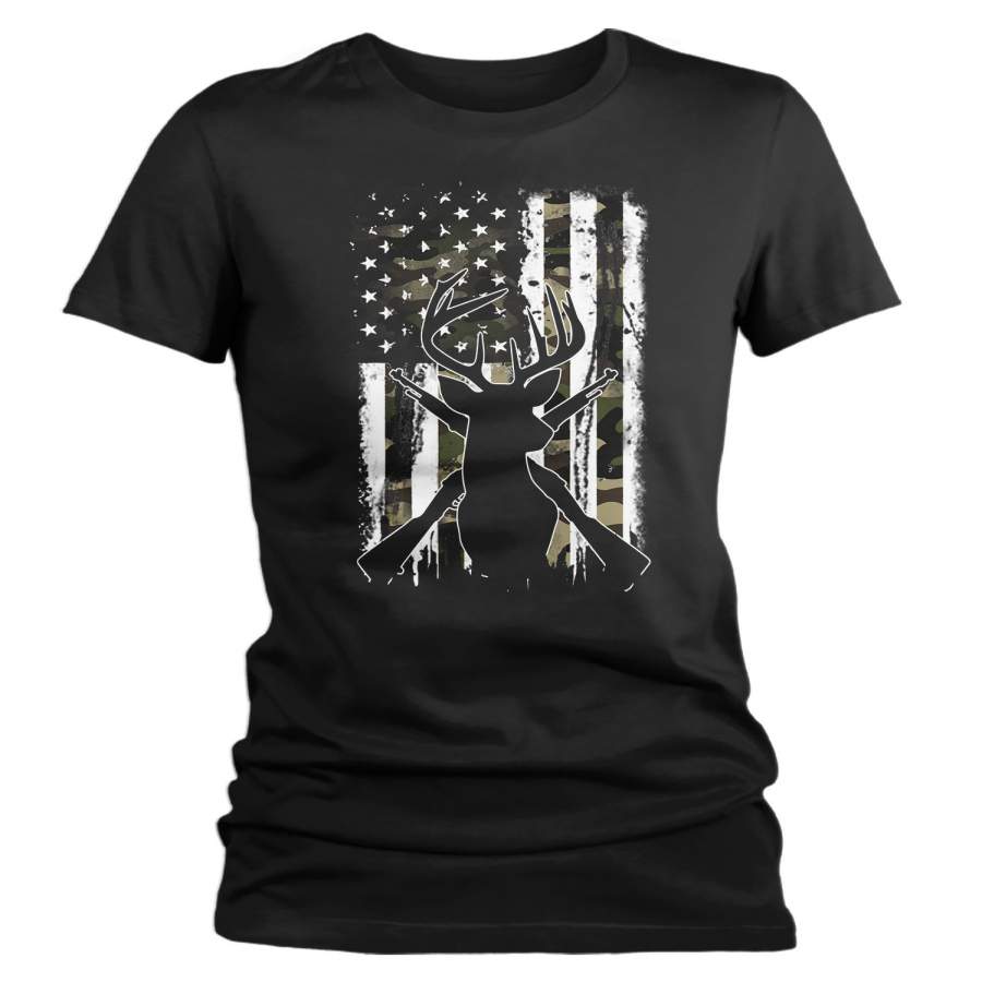 Women’s Deer Hunting T Shirt Buck Shirt Hunter Shirt Camo Flag T Shirt Camouflage U.S. Flag Shirt Woodsman Shirt Ladies Woman