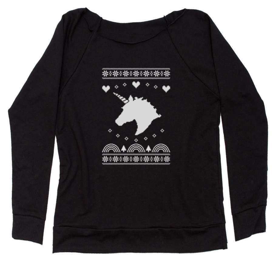 Unicorn Ugly Christmas Slouchy Off Shoulder Sweatshirt