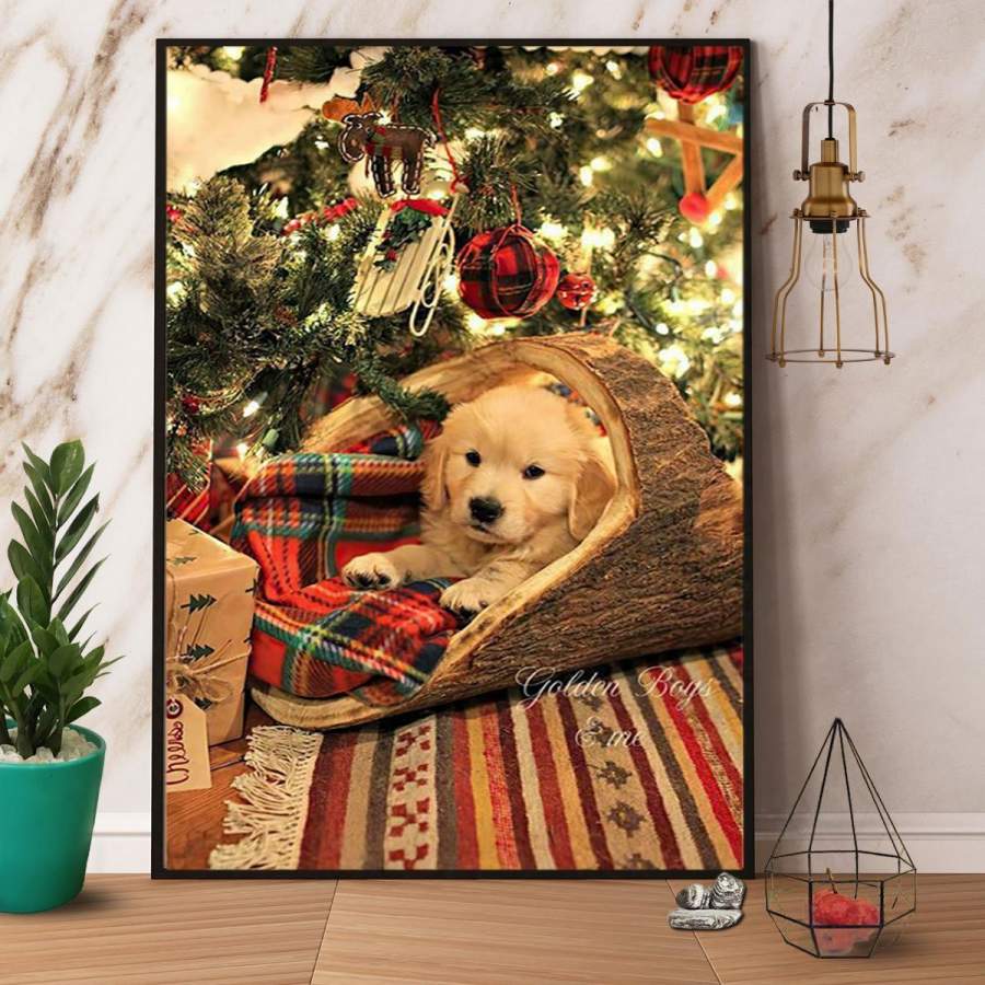 Puppy Under The Christmas Tree Ornament Red Plaid Light Merry Christmas Vertical Wall Art Canvas Christmas Gift Ideas