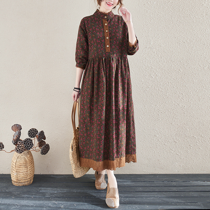 2022 New Spring Autumn Vintage Small floral Lacework Long sleeve Woman Dress Vestido de mujer Robe Elbise Dresses Women FT544 alx