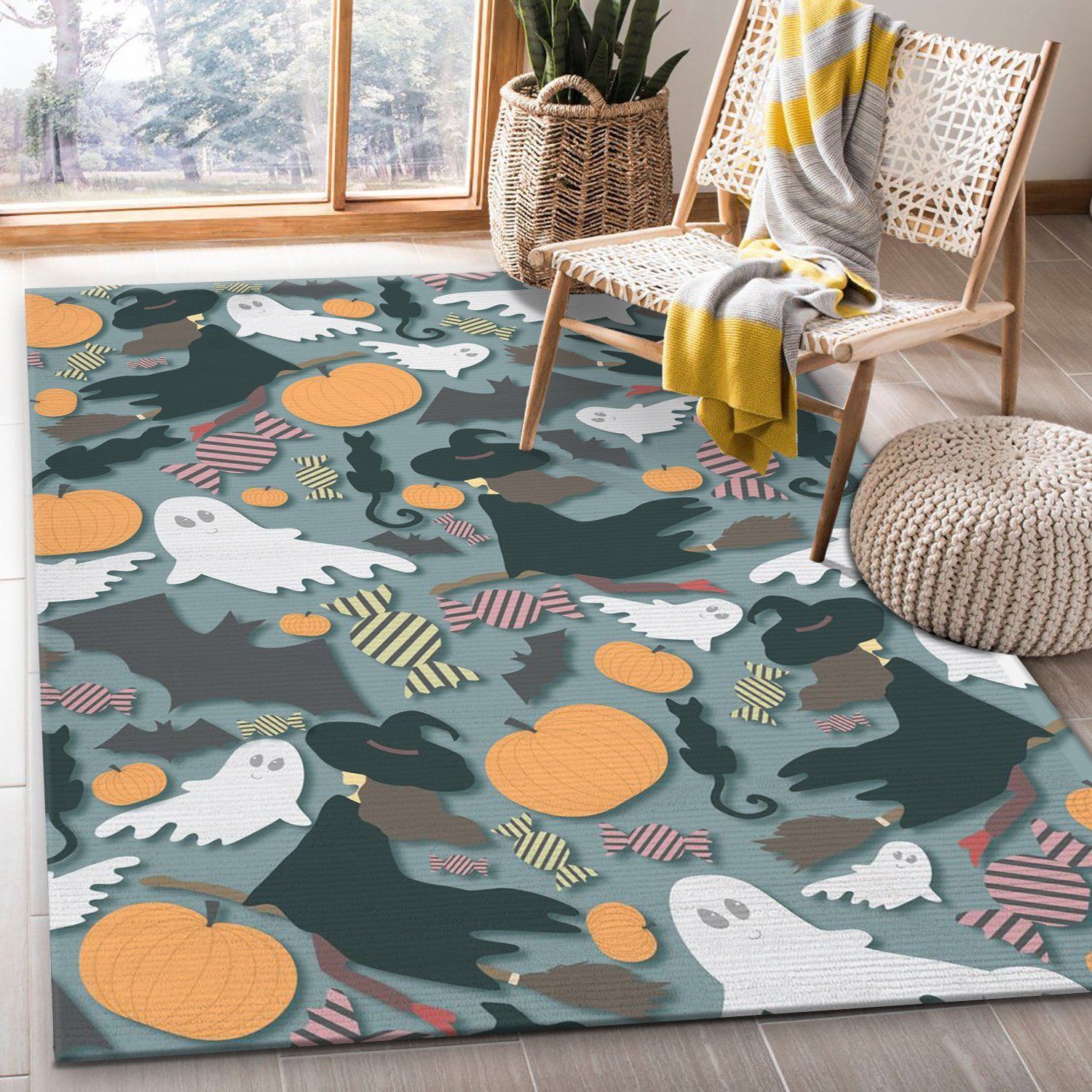 Halloween Doodle Pattern Area Rug, Living room and bedroom Rug, Home Decor Floor Decor