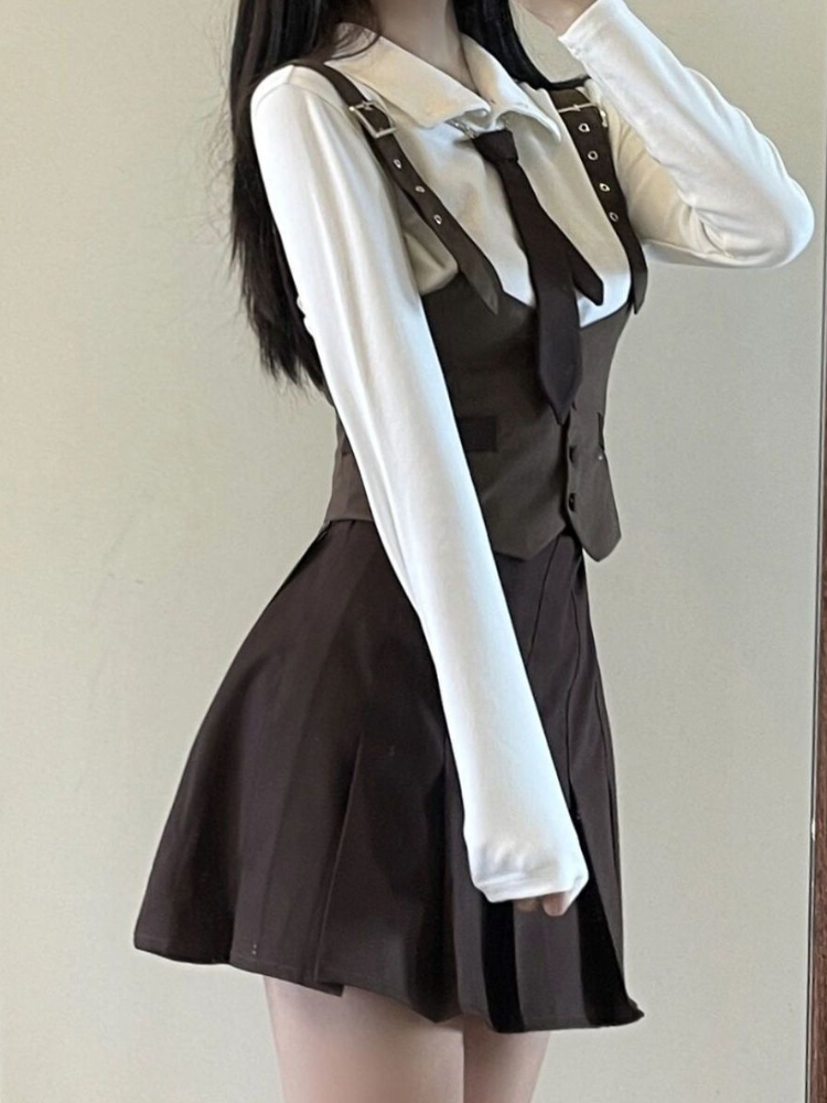 Xgoth [Three-piece Suit] Korean Campus Style Short Brown Vest + Long-sleeved Shirt + A-line Skirt Spring Autumn Girl Sweet Suit alx