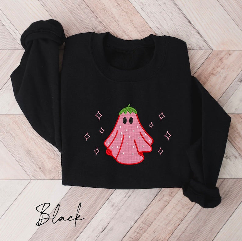 Strawberry Ghost Embroidered Halloween Sweatshirt Crewneck Sweatshirt All Over Print Sweatshirt For Women Sweatshirt For Men Sws2659