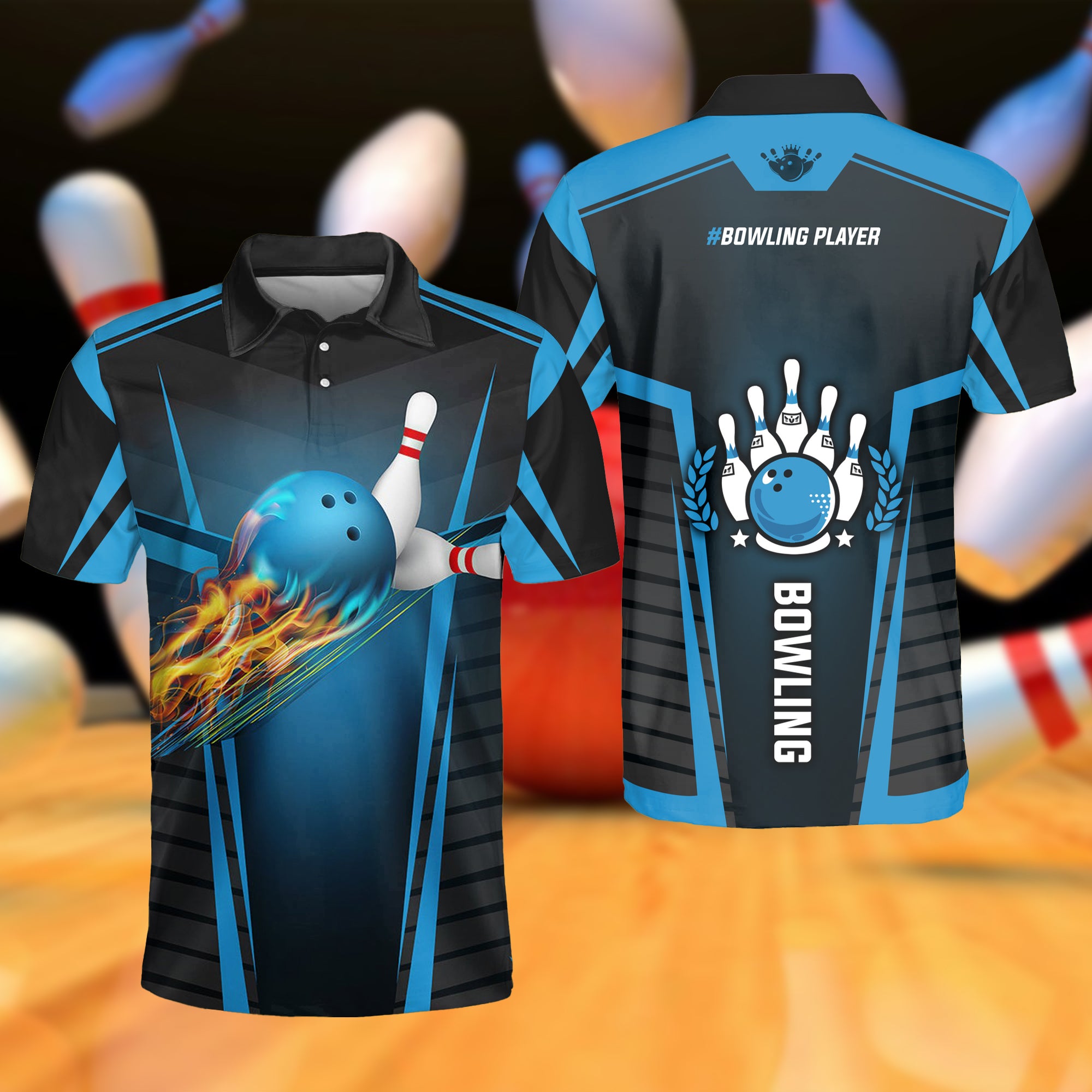 The Blue Bowling Ball In Flames Breaks White Skittles Polo Shirt