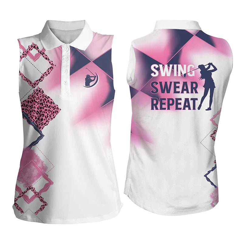 Womens Sleeveless Polo Shirt Pink Leopard Pattern Swing Swear Repeat White Golf Shirt