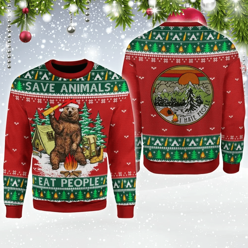 Save Animals, Eat People Bear Beer Ugly Christmas Sweater