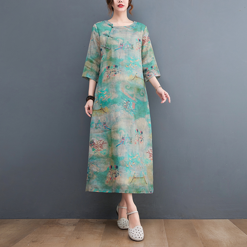 2022 New Arrival Thin Soft Buckle Vintage Chinese Style Summer Dress Cheongsam Women Holiday Travel Casual Midi Dress alx