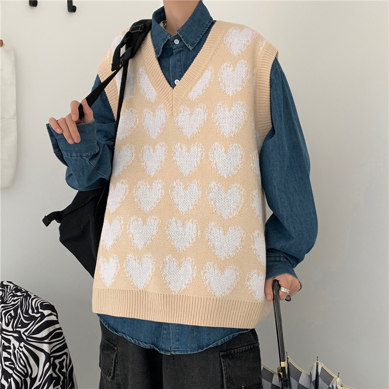 Sweater Vest Men Sleeveless V-neck Heart Print Loose Knitted Jumpers Oversize High Street Students Harajuku Spring Fall Tank-top alx