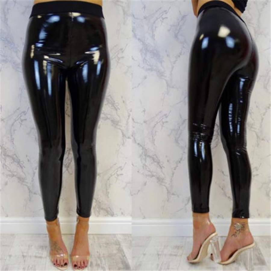 Women Shiny Leggings Wet Look PU Leather Leggings Black Red High Waist Pants