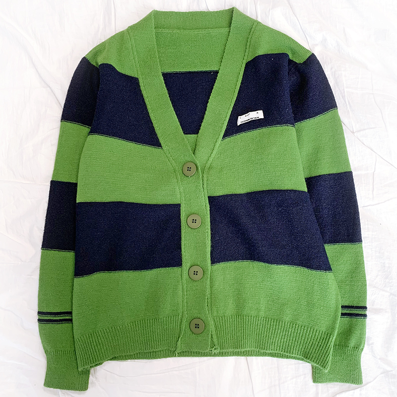 Autumn retro green striped V-neck buttoned loose knit cardigan sweater alx