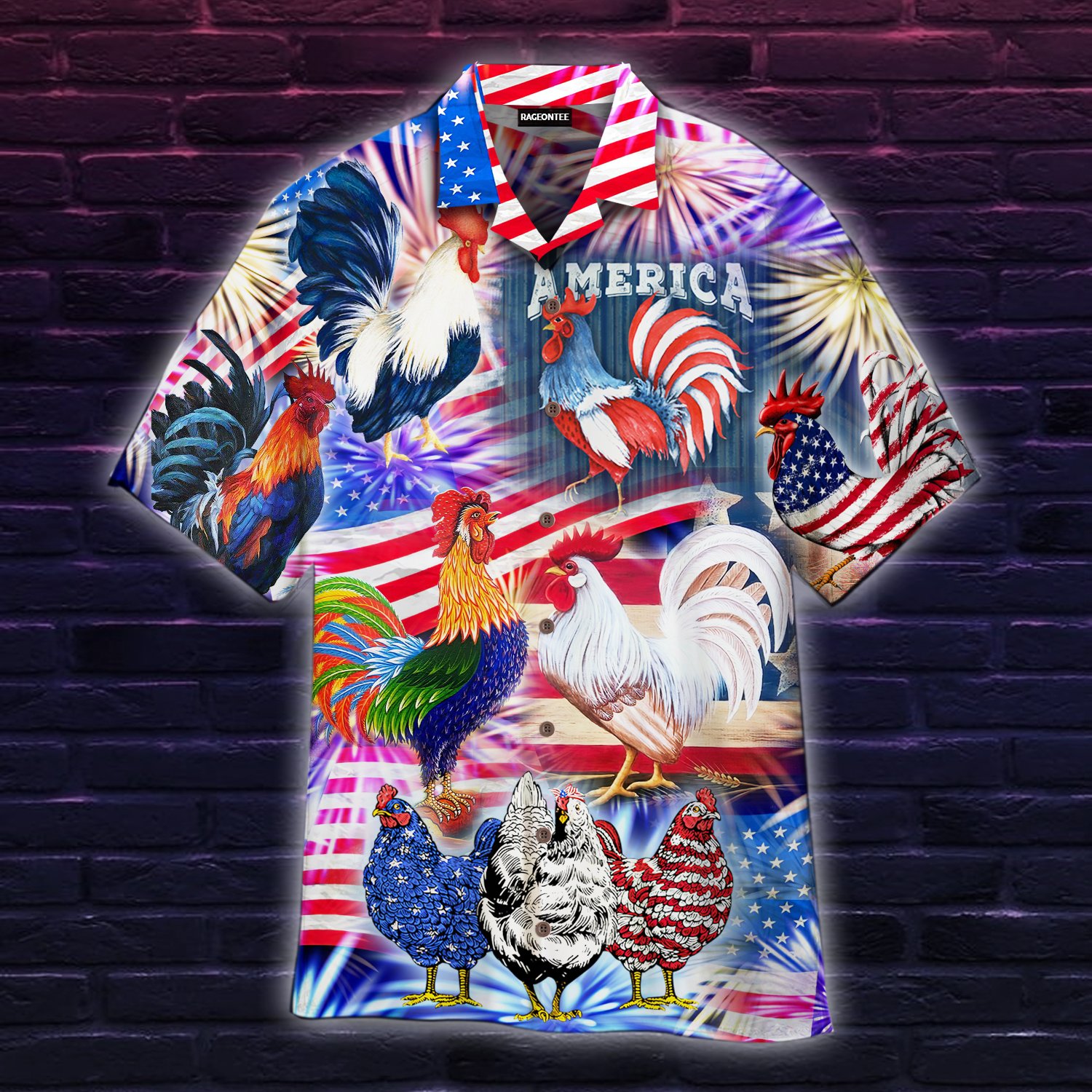 America Rooster Chicken With Fireworks Hawaiian Shirt | For Men & Women | Adult | Wt1216