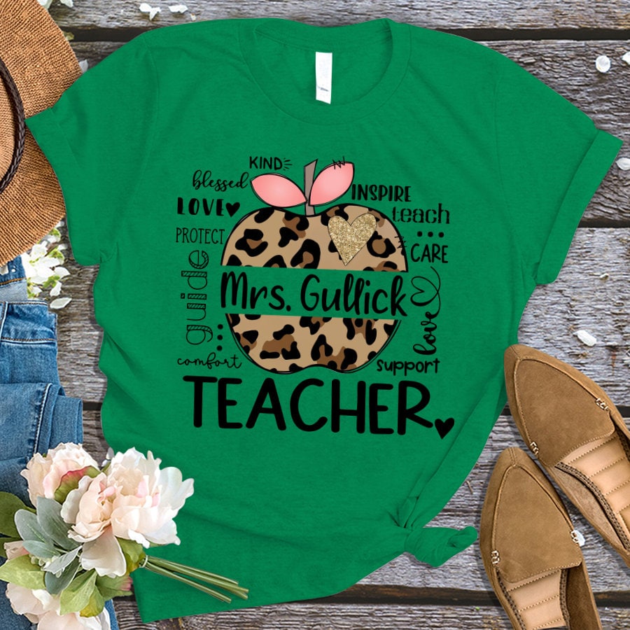 Personalized T-Shirt For Teacher Leopard Apple Teach Love Inspire Custom Name Shirt Gifts For Back To School