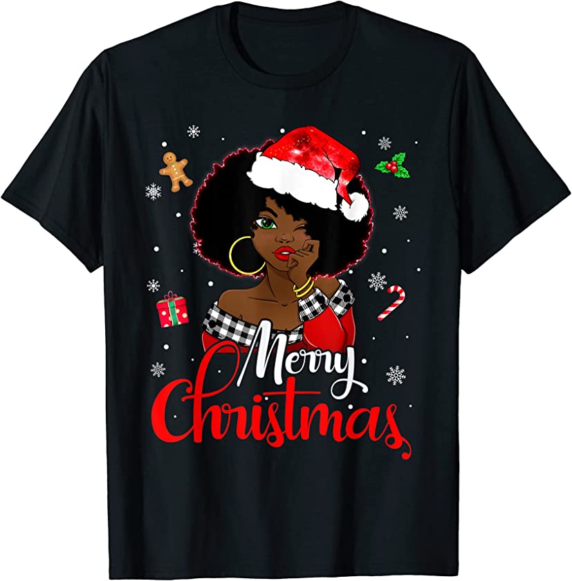 Black African Girl American Melanin Christmas Santa Hat Xmas T-Shirt