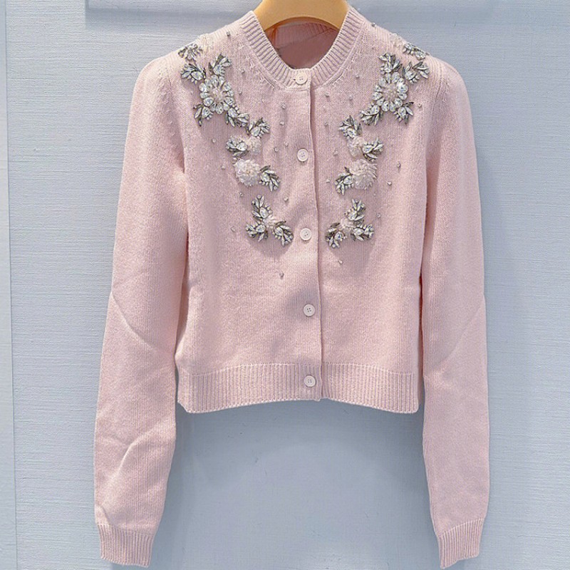 Autumn and Winter 2022 Women Vintage Diamond Studded Beads Soft Pink Knitted Cardigan Versatile Loose Long Sleeve Sweater Coat alx