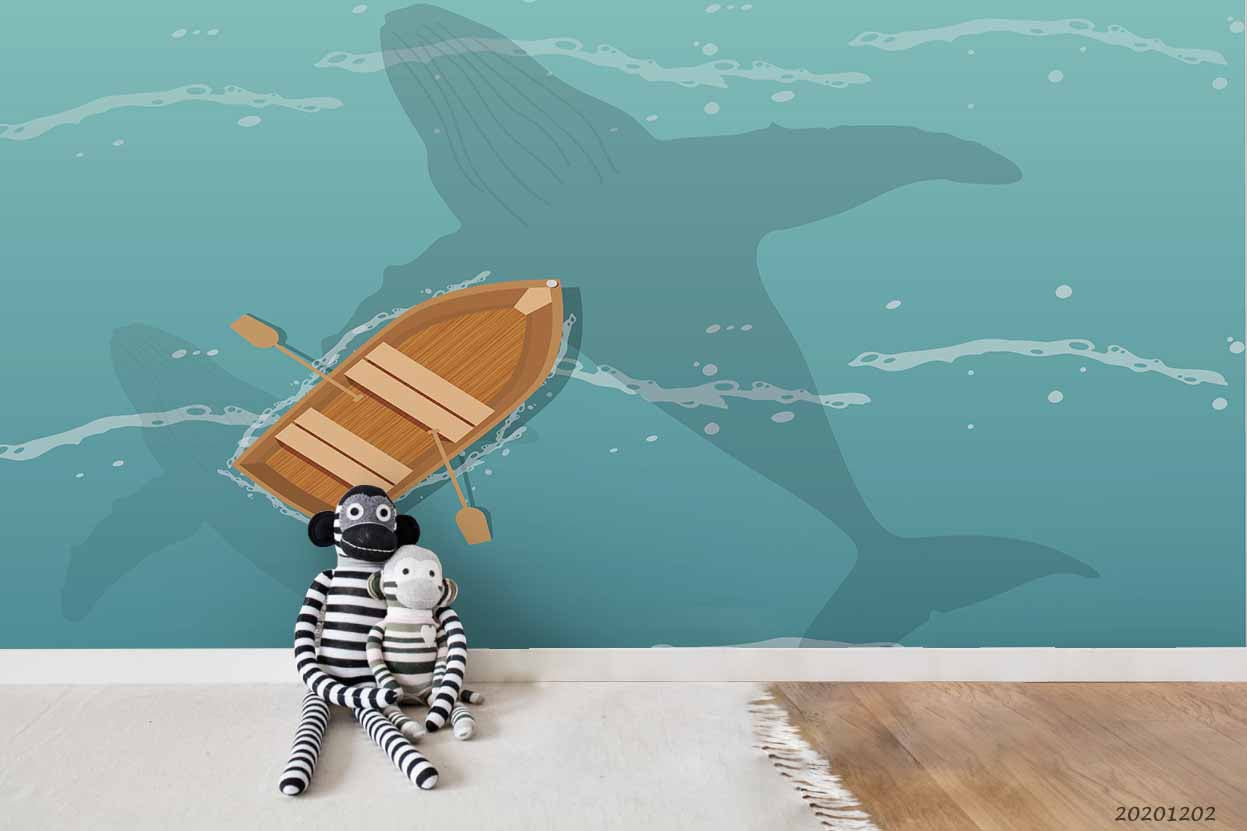 3D Cartoon Hand Drawn Blue Ocean Whale Shadow Boat Wall Mural Wallpaper Lxl