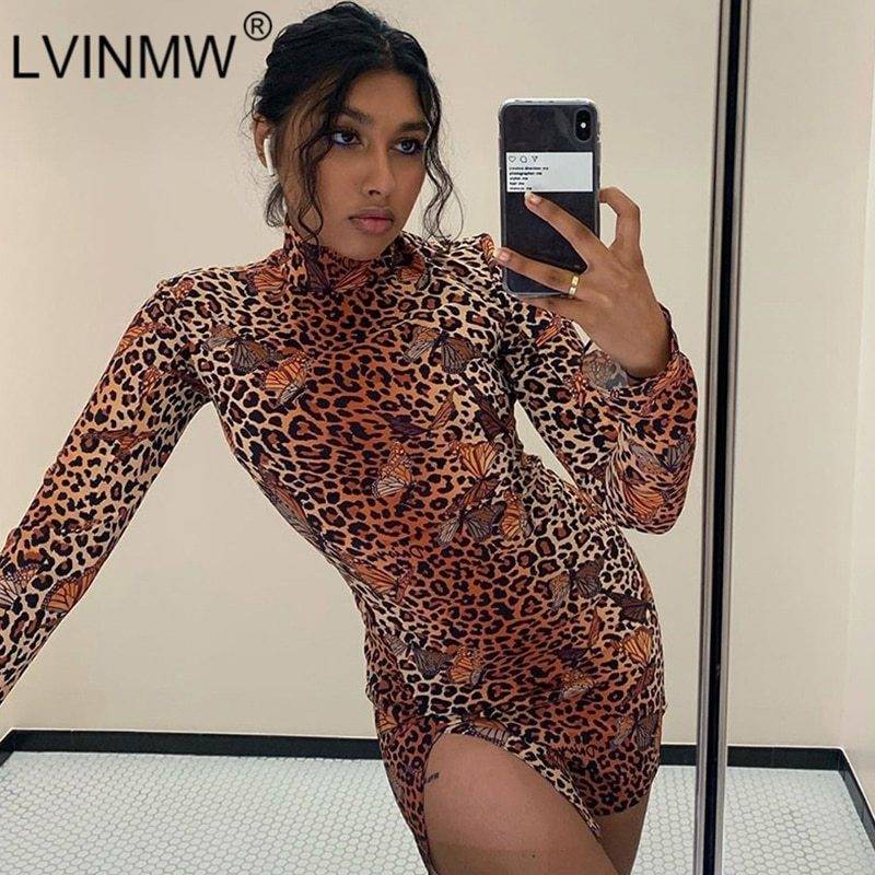 Sexy Leopard Butterfly Print High Neck Long Sleeve Dress