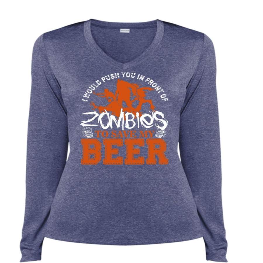 Zombies To Save My Beer T Shirt, My Favorite T Shirt, Cool Shirt (Ladies LS Heather V-Neck)