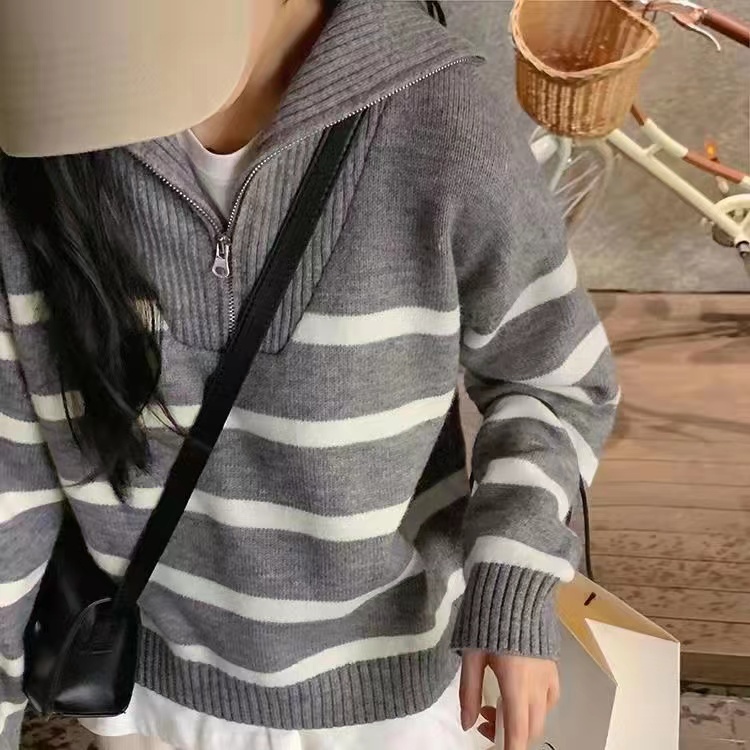 Women Sweater Oversize Zipper Knitted Pullover Long Sleeve Stripe Loose Ladies Sweaters Autumn Winter Women’s Turtleneck alx