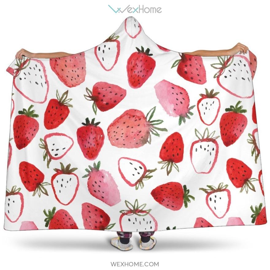 Watercolor Hand Drawn Beautiful Strawberry Pattern Hooded Blanket