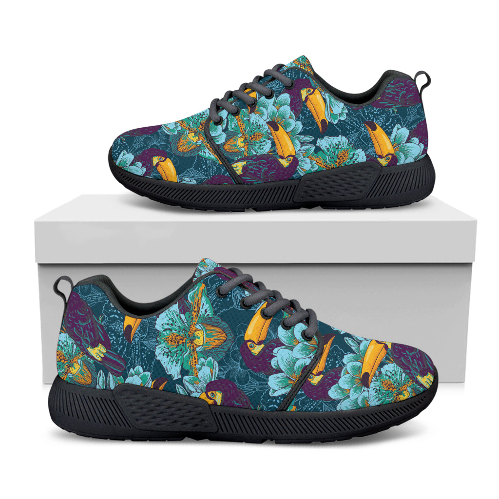 Vintage Toucan Pattern Print Black Athletic Shoes