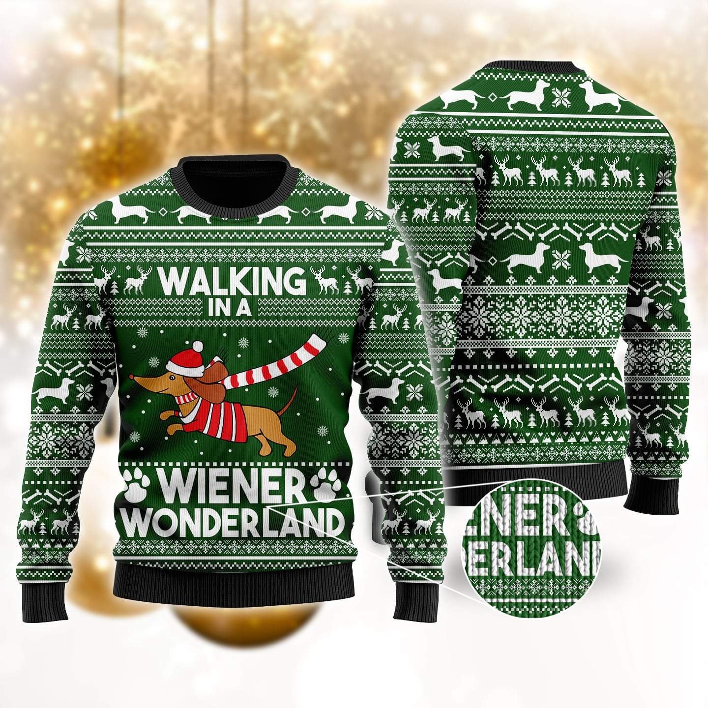 3D Dachshund Weiner Green Christmas Knitwear Am102057