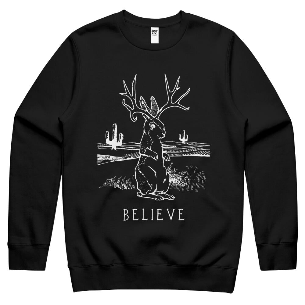 Believe Jackalope Crewneck Sweatshirt, Cryptid Rabbit Bunny Crewneck Sweatshirt