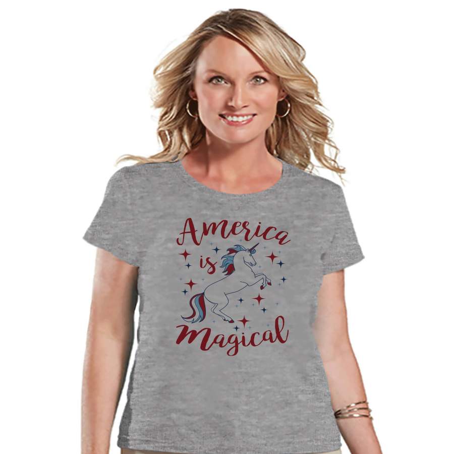 Women’s Unicorn Shirt – America is Magical – 4th of July Shirt – Unicorn T-shirt – Womens Grey T-shirt – Patriotic Unicorn – Gift for Her