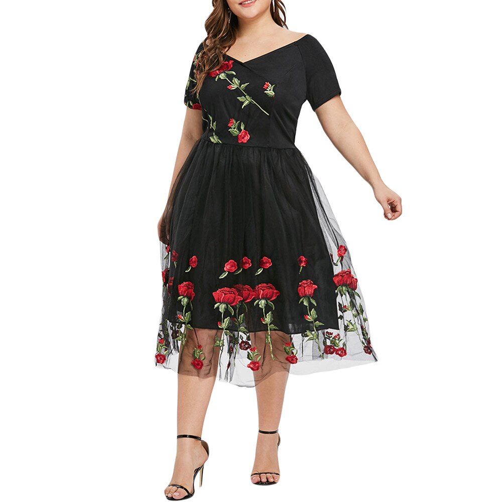 Women Plus Size Off The Shoulder Floral Embroidery A Line Dress Mesh Patchwork Short Sleeve Mid-Calf Party Dress Vestidos alx