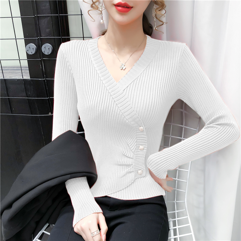 autumn new bottoming sweater shirt women’s long-sleeved knitted crossed v-neck buttons sweaters jumpers crop tops alx