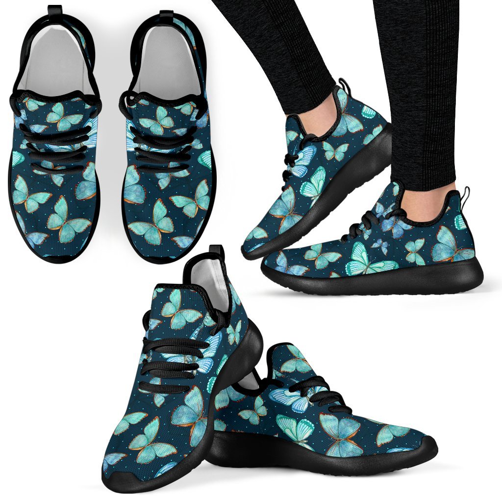 Watercolor Blue Butterfly Pattern Print Mesh Knit Shoes