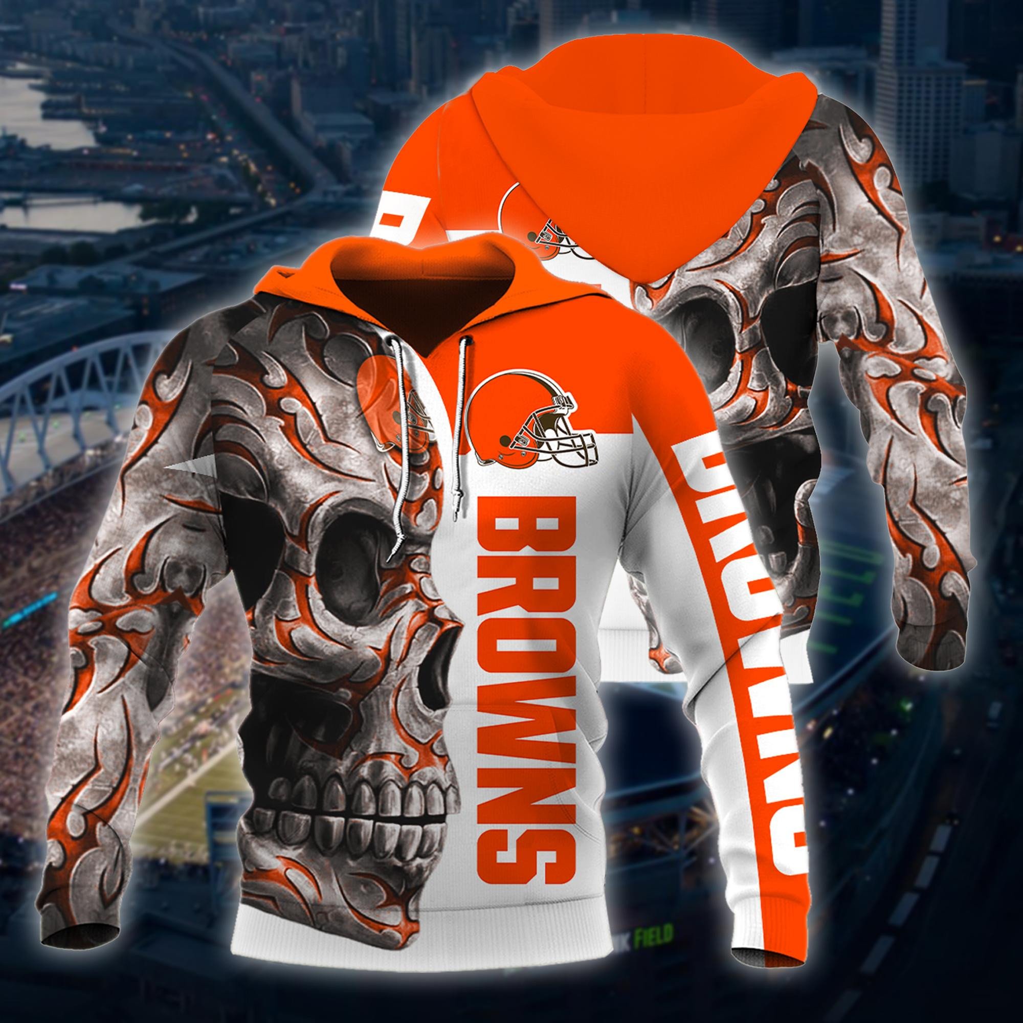 Cleveland Football Hoodie, Cleveland Football Skull Tattoo Hoodie, American Football Hoodie, Unisex, Hoodie, Zip Hoodie Fashion24Hs