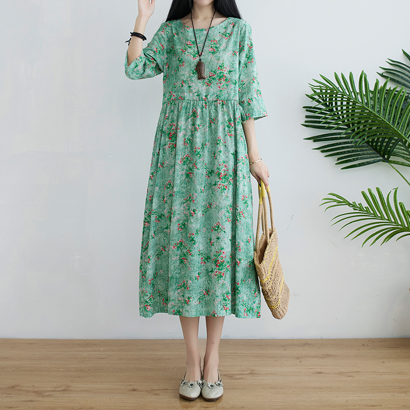 2022 New Arrival Print Floral Prairie Chic Holiday Travel Casual Dress Thin Linen Cotton Spring Summer Dress Women Midi Dress alx