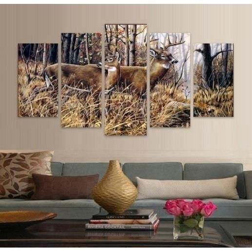 Whitetail Deer Buck And Doe Animal 5 Panel Canvas Art Wall Decor