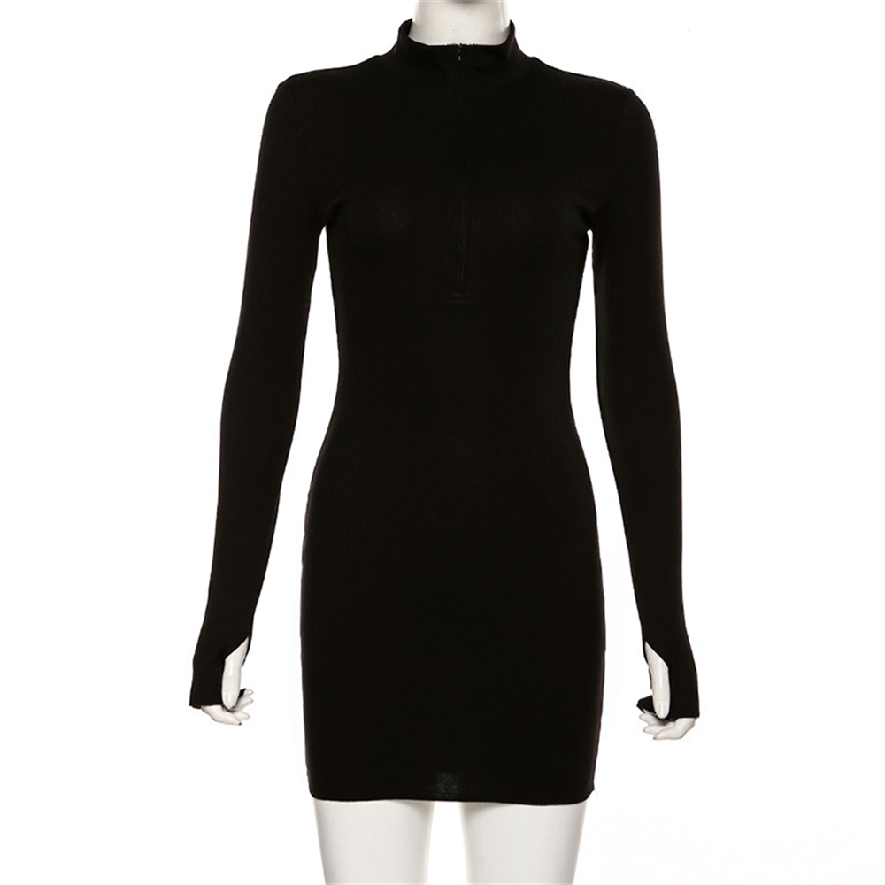 Autumn Winter Stretch Slim Soft Ribbed Knitted Turtleneck Dress Woman Fashion Solid Black Casual Bodycon Zip Dress alx