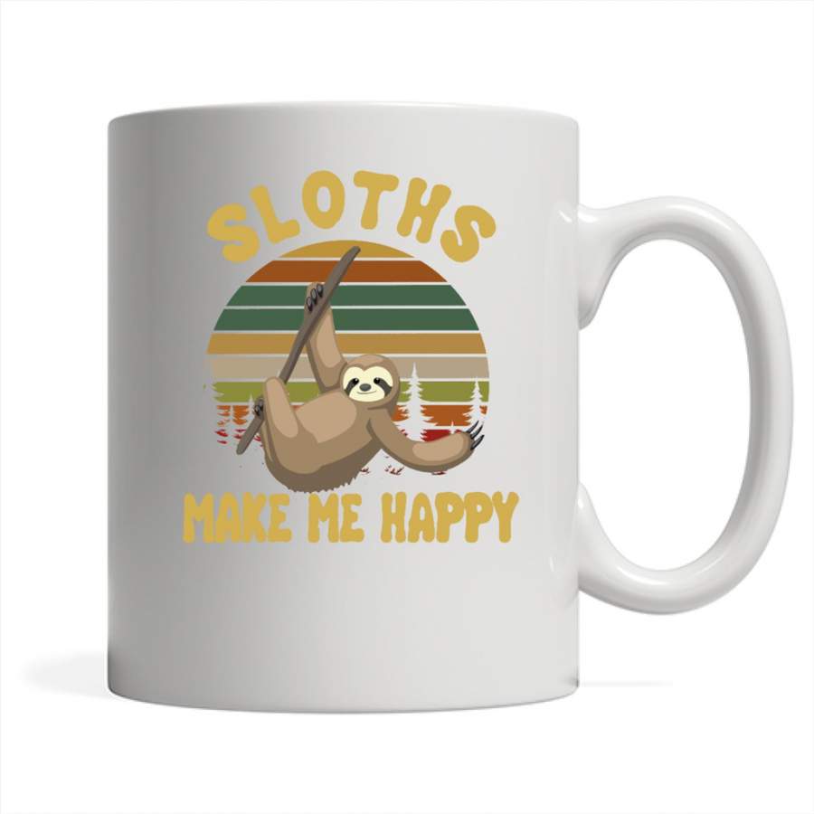 Sloths Make Me Happy, Retro Vintage Design – Full-Wrap Coffee White Mug