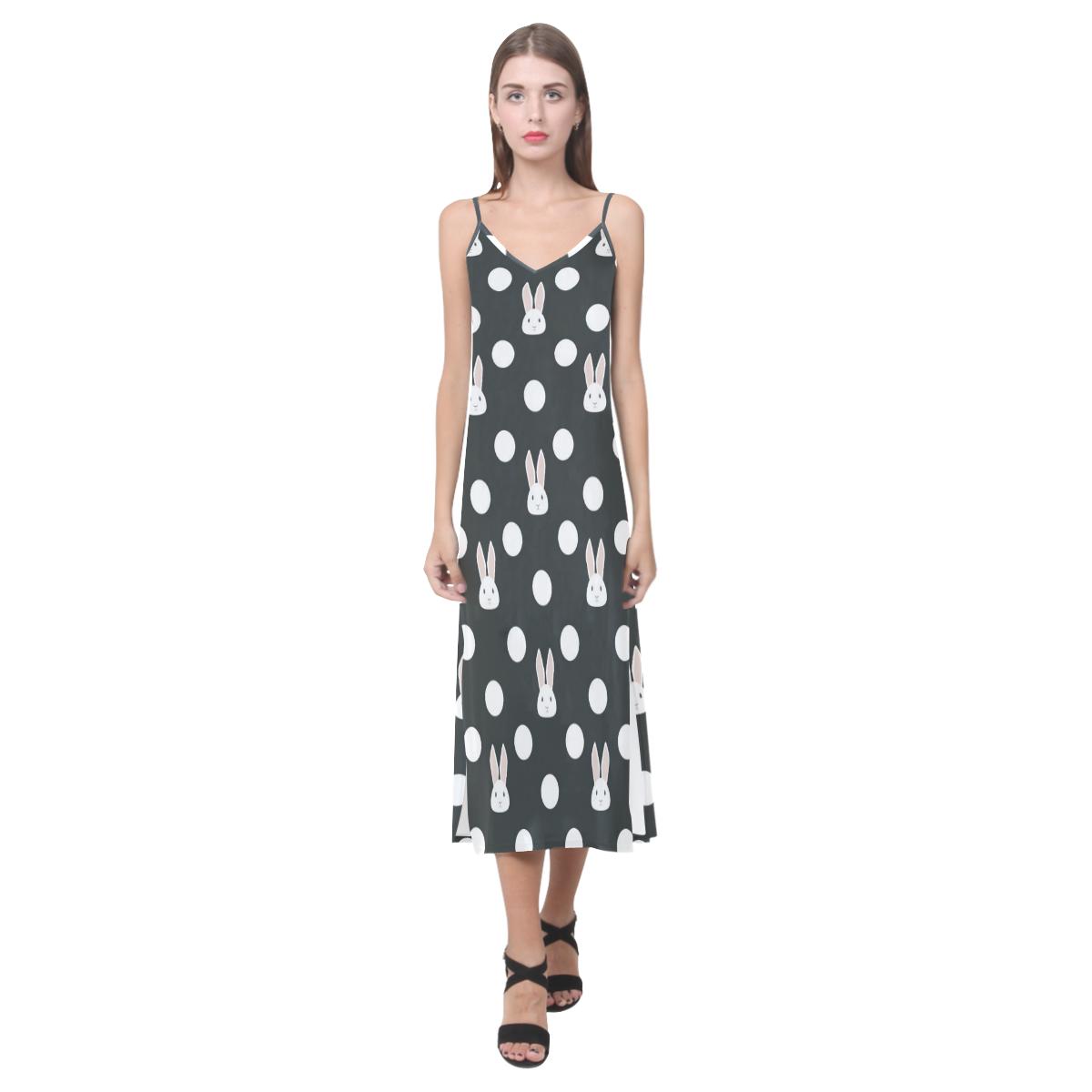 Cute white rabbit polka dots black background V-Neck Open Fork Long Dress