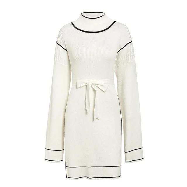 White Streetwear Turtleneck Loose Long Sleeve Knitted Dress